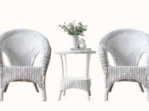 Coastal Federation Hampton Cape English Conservatory Patio White Wicker Chair Table Veranda Setting.